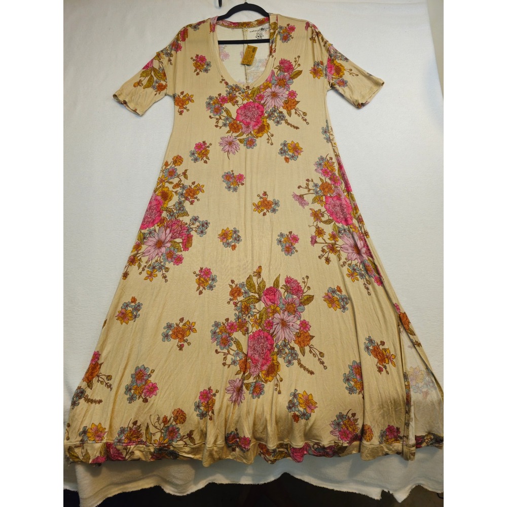 Natural Life Womens Floral Maxi Dress Tan Pink V-Neck Short Sleeve Small NWT